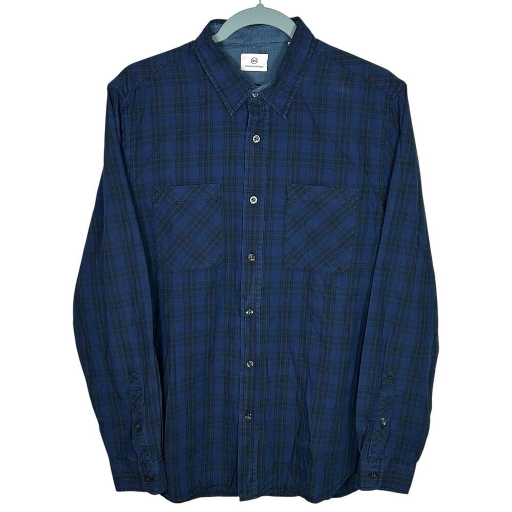 AG Adriano Goldschmied Button Up Shirt Mens M Blue Black Plaid Long Sleeve NEW